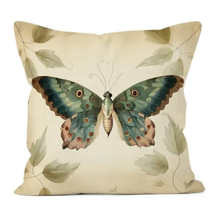 WDSFHYJK Vintage Botanical Butterfly Pillow Cover 18x18 Double-Sided, Cottagecore Room Home Decor, Moody Sage Green Moth Insect Decorative Throw Pillow Cover Pillowcases for Living Room Home Bedroom