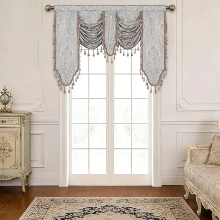 Loom and Mill Classic Waterfall Valances for Living Room Bedroom, European Jacquard Thick Damask Swag Curtains Window Valance with Tassels for Party Banquet Decor (Gray&Beige, W59 Inch, 1 Panel)