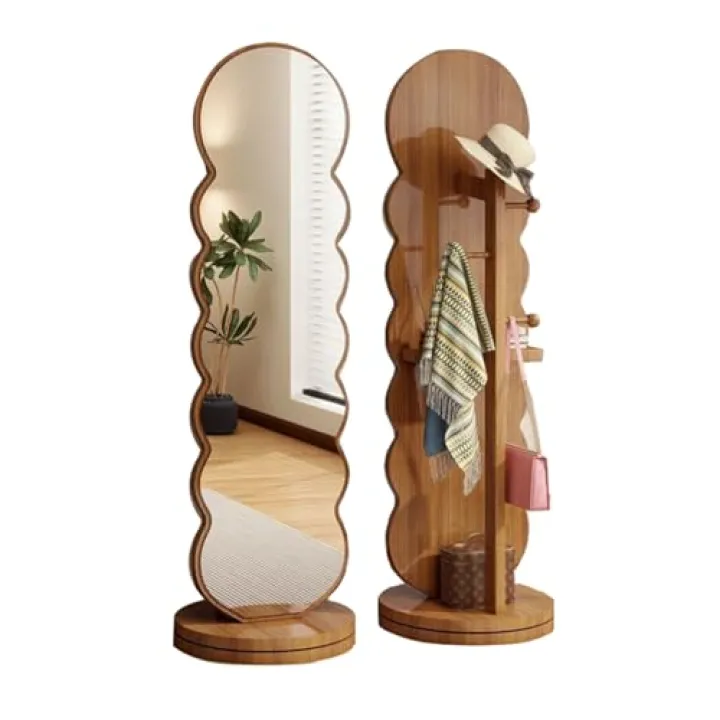 Full-Length Storage Mirror, 360° Rotating Base Hd Shatterproof Floor Mirror, Wavy Design, Freestanding Rotating Standing Mirror