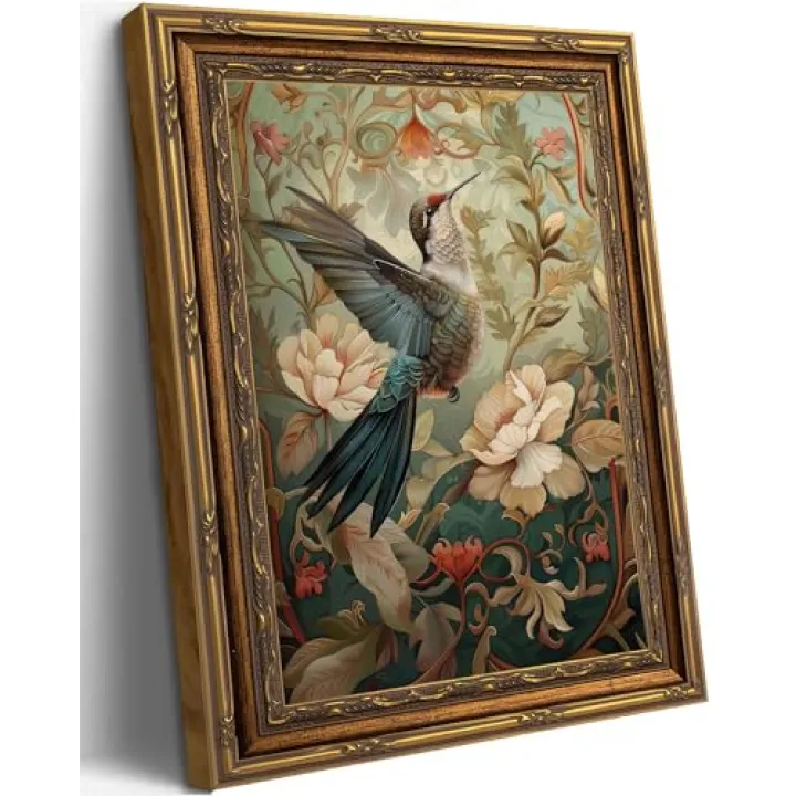 Vintage Gold Framed Wall Art Vintage Hummingbird Wall Decor Colorful Woodland Bird Floral Posters Painting Nature Botanical Pictures Antique Canvas Print For Living Room Bedroom Bathroom