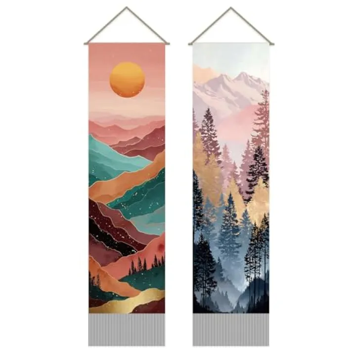 SUPERDANT Pack of 2 Boho Mountain Tapestry Forest Wall Hanging Decor Tapestry For Bedroom Vertical Tapestries Blanket Long Narrow Wall Art with Tassel for Home Living Room Aesthetic Decoration Gifts