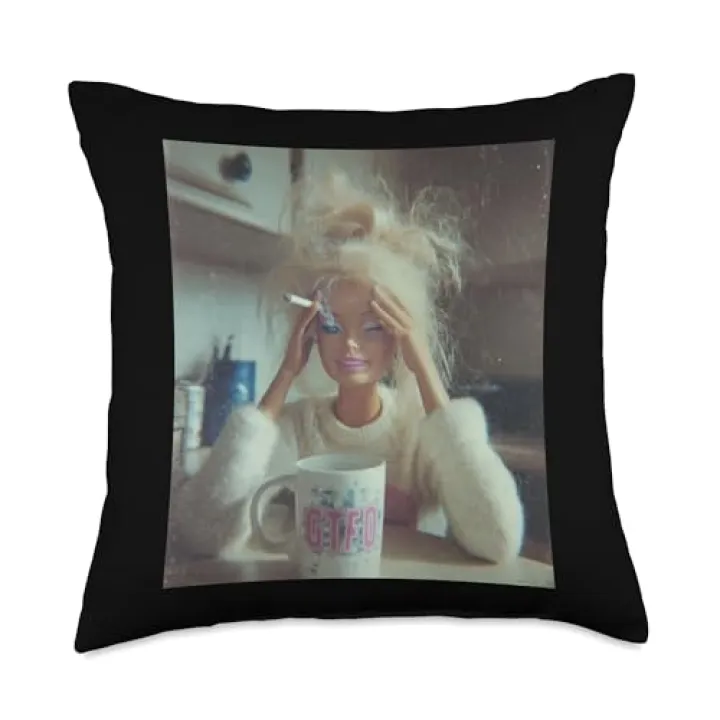 Funny Distressed Doll Face Meme Smoking Sarcastic Humor Gift Throw Pillow