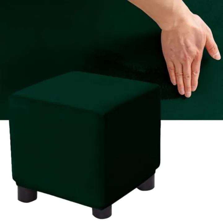 LZYLZH Stretch Chair Covers with Arms, Velvet Banquet Armchair Slipcover Footstool Cover with 4 Anti-Slip Straps Furniture Protector (Dark Green,Ottoman Square L)