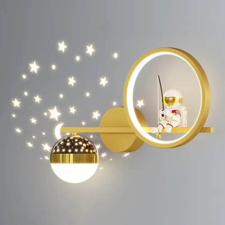 Kids Wall Lights for Bedroom Astronaut Moon Stars Projection Wall Sconce Childrens Dimmable Led Wall Lamp Nordic Modern Wall Mounted for Boys Girls Bedside Nursery, Black d White/Black