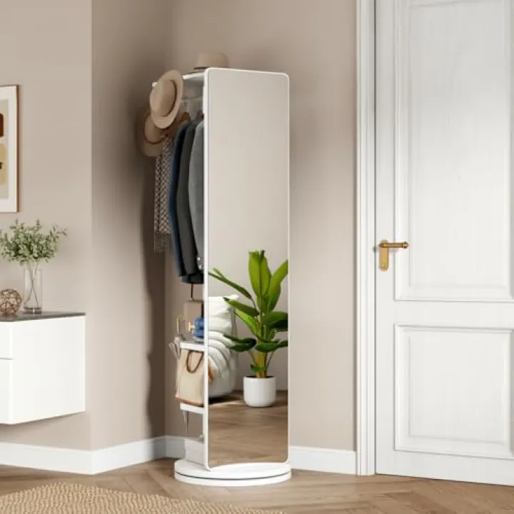 Yumi Muasy Full Length Mirror with Hooks, 360° Rotating Floor Mirror with Storage Rack, 69"x20" Solid Wood Standalone Mirror for Bedroom, Living Room, Space Saving (White, X Large)