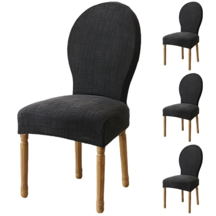 NEUORTBURG Round Back Dining Chair Cover Stretch Dining Chairs Slipcovers with Round Back Jacquard French Country Oval Chairs Protector Without Arms for Banquet Home Decor Set of 4 Black
