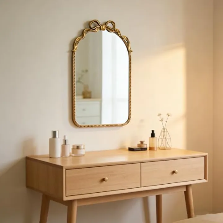 Vintage Arched Gold Mirror, 18.5x31.25Inch, Antique Bathroom Vanity Wall Mirror with Metal Frame, Baroque Ornate Bow Decor for Living Room, Fireplace, Entryway, Hallway