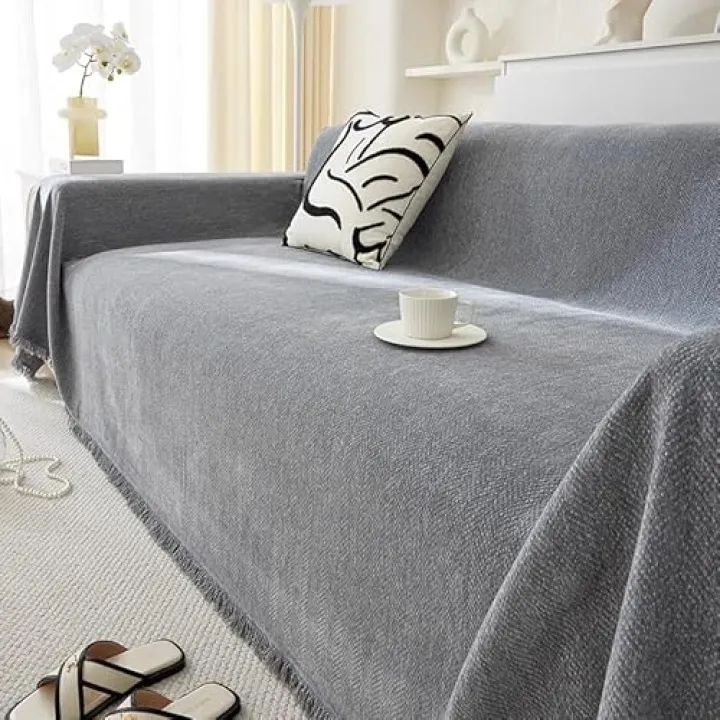 Sofa Covers Grey,Chenille Couch Covers for 3 Cushion Couch Sofa Pet Friendly, Bohemian Sofa Slipcovers for Sectional Sofa, Loveseat, 2 3 4 Seater (Grey,71" x 71")