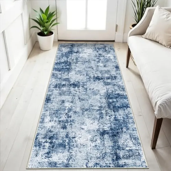 2x5 Washable Runner Rug for Hallway: Non Slip Entryway Runners Rugs Easy-to-Clean - Soft Living Room Bedroom Carpet - Thin Low Pile Floor Mat for Dining Room Blue