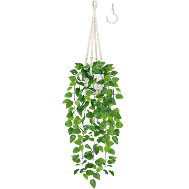 USLAI Fake Hanging Plant, Artificial Pothos Vines Greenery with Pot and Macrame Plant Hanger for Indoor Outdoor Boho Decor