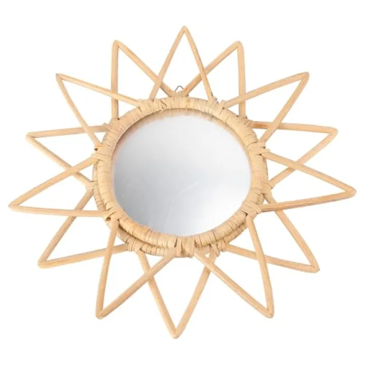 SHINEOFI Woven Wall-Mounted Makeup Mirror Scandinavian Rattan Decorative Vanity Mirror Handmade Home Décor Bathroom Dressing Room Art