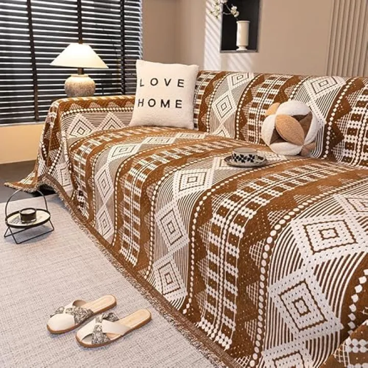 Boho Couch Cover Sofa Covers Recliner Black, Chenille Couch Covers for 3 Cushion Couch Sofa Pet Friendly, Bohemian Sofa Slipcovers for Sectional Sofa, Loveseat, 2 3 4 Seater (Khaki,71" X 102")