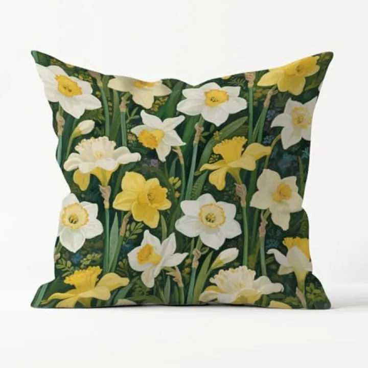 Poecinvi Spring Yellow White Floral Pillow Cover 18x18 Double-Sided, Farmhouse Daffodil Flower Botanical Decorative Throw Pillow Cover for Home Bedroom Living Room