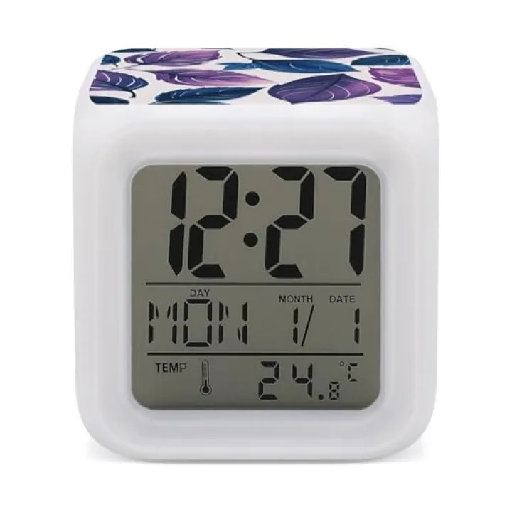 LOKLNEYK Purple and Blue Leaves Alarm Clock Electric Desk Clocks Digital Bedside Clock with Night Light Large Display Loud Travel Digital Alarm Clocks for Bedrooms Heavy Sleepers