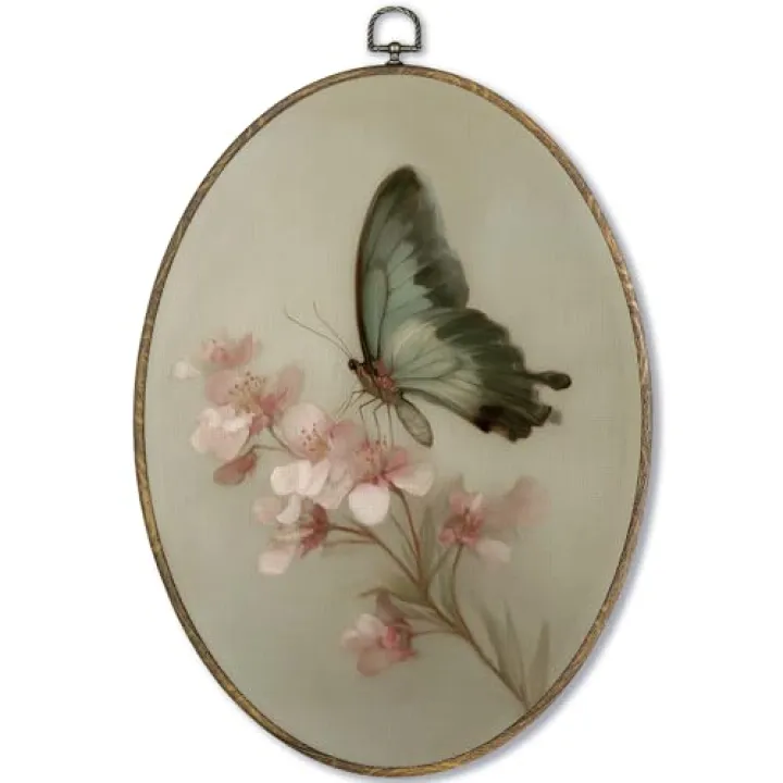 Fewgb Vintage Butterfly Floral Oval Wall Art Decor Framed, Cottagecore Cottage Core Canvas Wall Art Prints Picture, Spring Farmhouse Hanging Room Decor Artwork for Gallery Bedroom Nursery 9x12