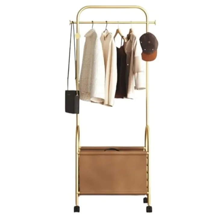 KEG801302 Bedroom Floor-Standing Coat Rack Pulley Movable Home Rental Clothes with Storage Basket Vertical Mobile Drying Decor