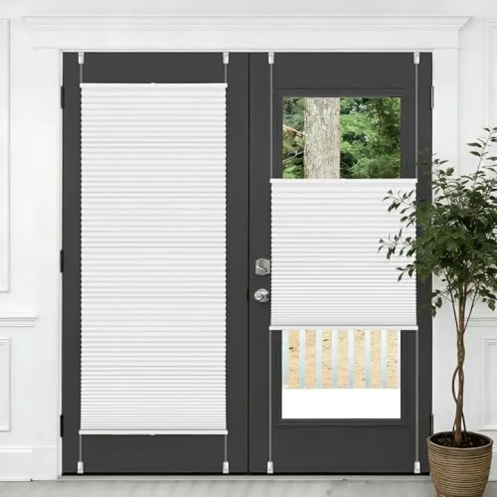 Cellular Shades Top Down Bottom Up Cordless Light Filtering Honeycomb Blinds No Drilling Or Drilling Pleated Window Shades for French Door Windows Easy to Install White