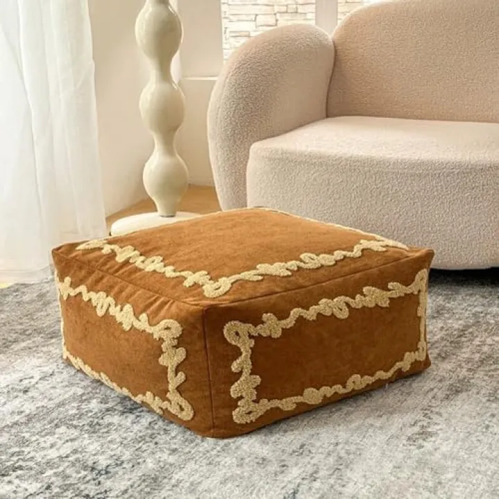 Lajeri Soft Plush Square Pouf Ottoman, Upholstered Ottoman, Small Coffee Table, Multifunctional Footrest Stool for Living Room Home Office Dorm(17.7" L x 17.7" W x 11.8" H, Brown)