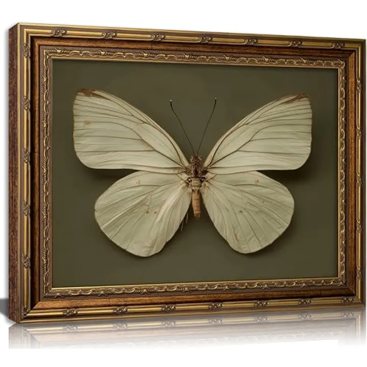 Vintage Gold Framed Butterfly Canvas Wall Art Sage Green Moth Painting Picture Wall Decor Retro Insect Poster Print Artwork for Living Room Bedroom Farmhouse Office Home Decoration