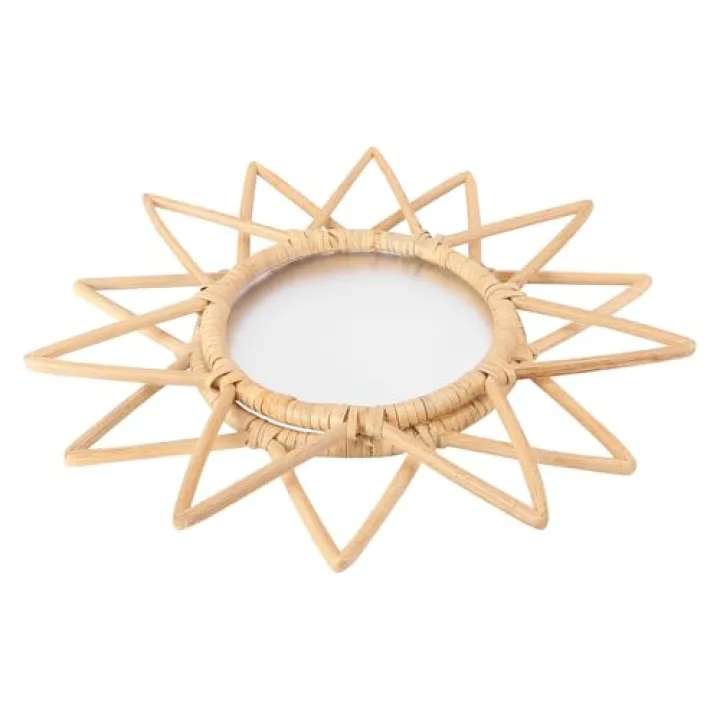 Yardenfun Woven Rattan Makeup Mirror Wall-Mounted Nordic Dressing Table Mirror Handmade Star Pattern Decorative Wall Hanging for Bathroom Living Room