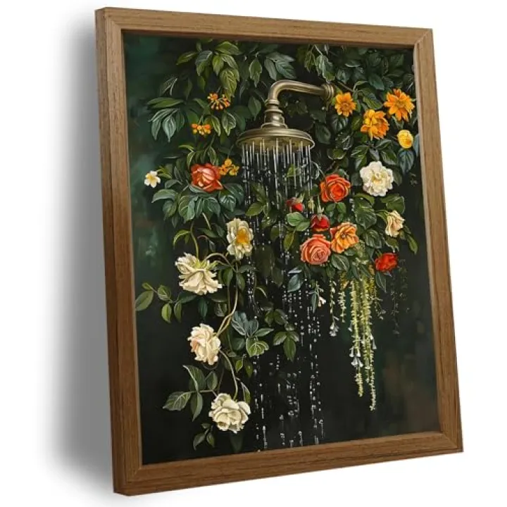 Framed vintage floral wall art Green Botanical Flowers Waterfall Bathroom Wall Decor Boho Spa Aesthetic Flower Artwork for Bathtub Shower Walls Small Bathroom Home Living Room 8x10 inch