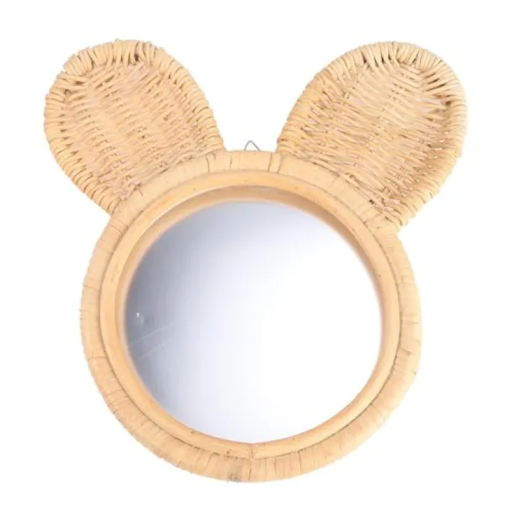 CONGARTENO Rattan Woven Hanging Makeup Mirror Rabbit Shape Decorative Wall-Mounted Mirror for Bedroom and Home Décor