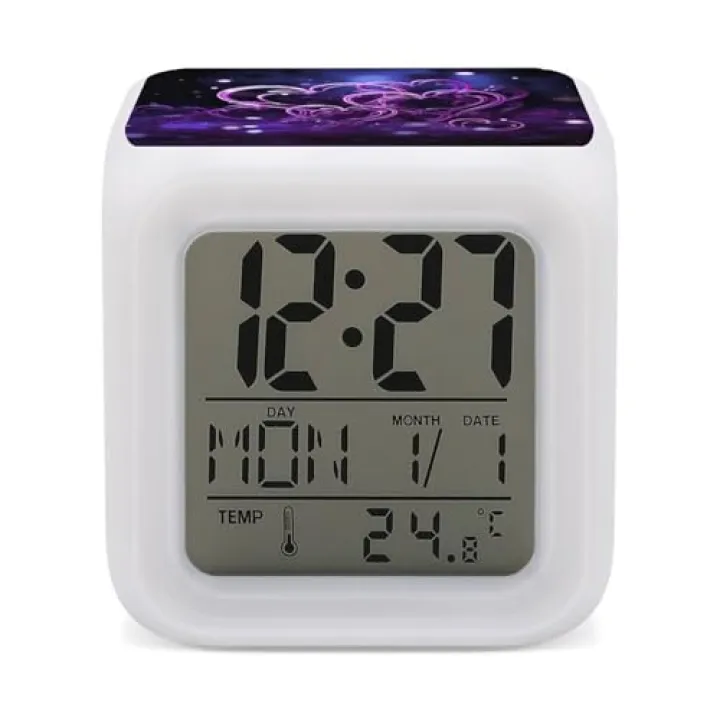 FCTVSKLN Fashional Purple Hearts Alarm Clock for Bedroom, Wake Up Clocks with 7 Color Changing Night Light, Digital Alarm Clock with Temperature for Gym, Kitchen, Yoga, Meeting