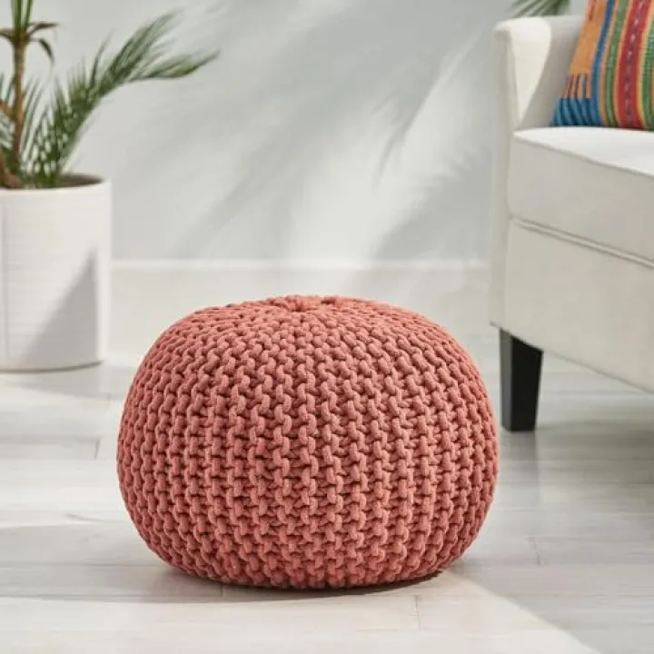 Geelife Poona Handcrafted Modern Cotton Pouf, Coral