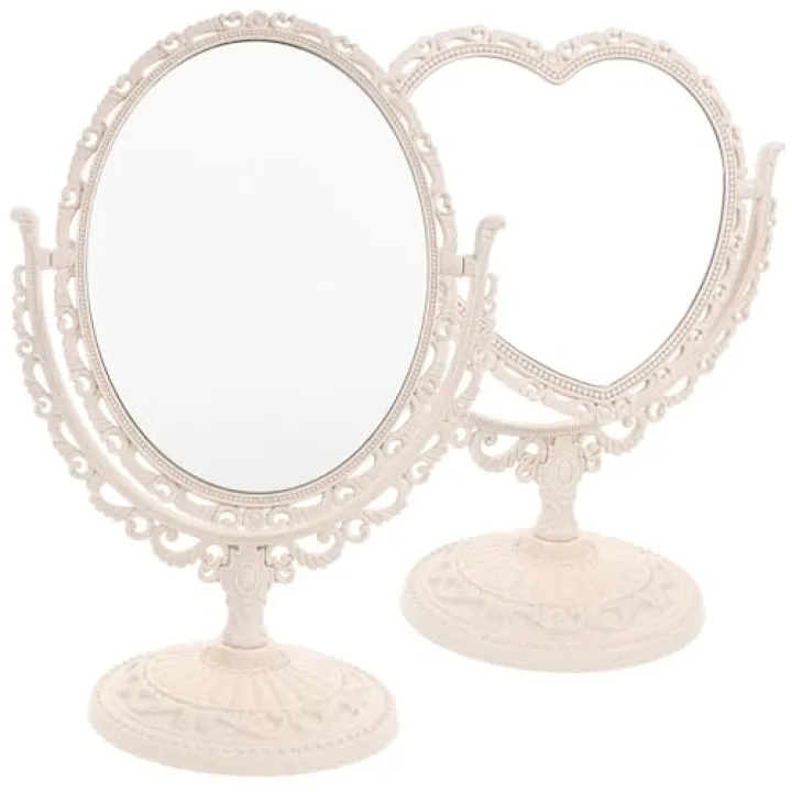 Zerodeko 2pcs Desktop Double-Sided Swivel Cosmetic Makeup Mirrors with Heart and Oval Frames, Beige Tabletop Dressing Mirrors for Women, Suitable for Dormitory and Home Use