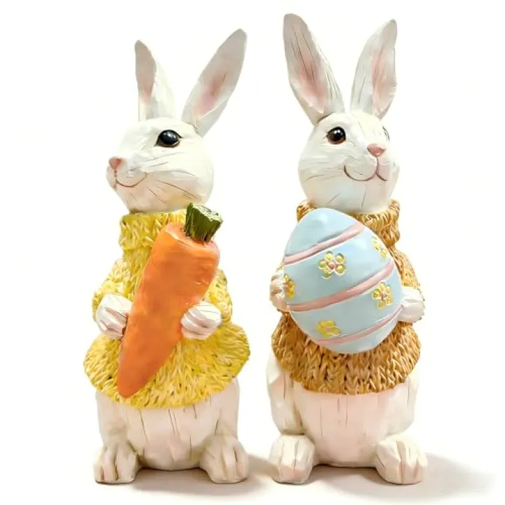 HOHIN Easter Bunny Resin Figurines Spring Indoor Home Decor Bunny Decorations Cute Statues for Shelf&Table Fun Gift Ideas (Easter White Rabbits 2pcs)