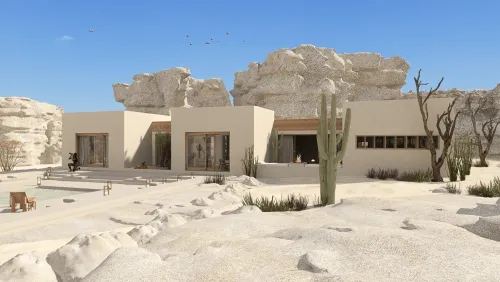 Modern desert home with flat roofs, large windows, cacti, and rocky landscape, by Encarni Fernandez Calero in Homestyler.
