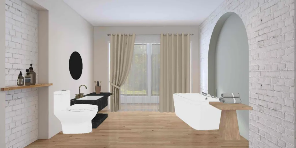 a bathroom with a toilet, sink, tub and window 