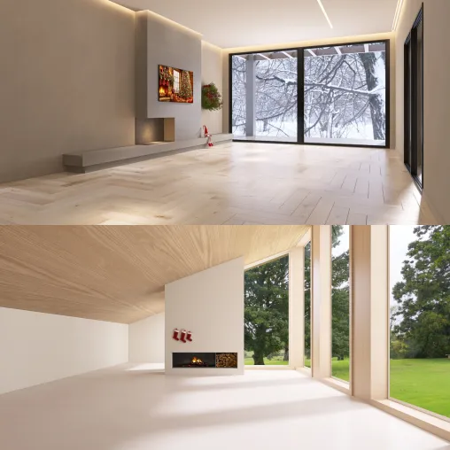 Decoración semanal de habitaciones vacías en dispositivos móviles: salón con estilo minimalista cálido y salón con estilo moderno y natural.