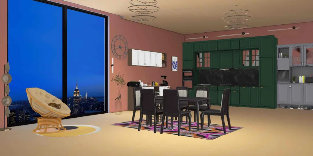 a room with a table, chairs, and a television 
