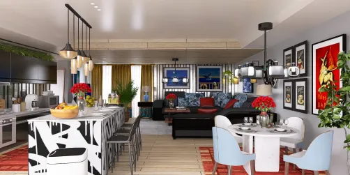 Living room, Dining, and Kitchen 🩶❤️🖤💙