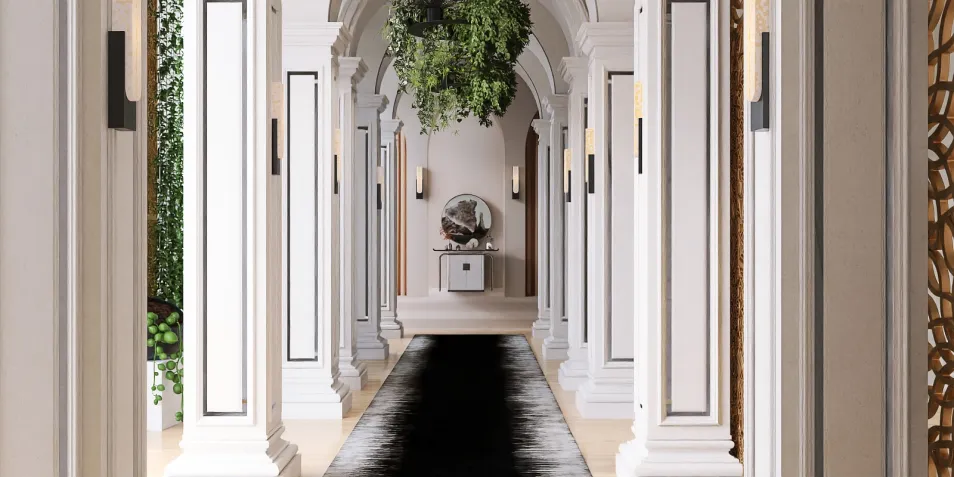luxurious hallway design featuring elegant columns and greenery, showcasing a modern aesthetic in interior decor, utilizing Homestyler's real-time 3D rendering feature for an immersive design preview.