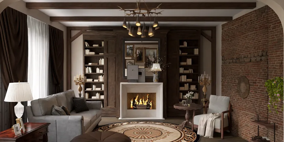 cozy living room featuring a styled fireplace and bookshelves, showcasing rustic charm with warm lighting, designed using Homestyler's real-time 3D rendering for an inviting ambiance.