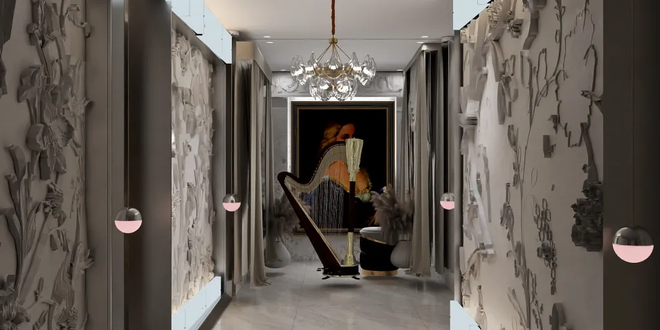 Elegant hallway featuring intricate floral wallpaper, showcasing a harp as a focal point, designed in a contemporary style for luxurious interior decor, utilizing Homestyler's real-time 3D rendering feature to visualize design proposals.