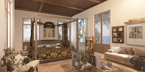 luxurious bedroom with four-poster bed showcasing modern design style and panoramic windows, featuring Homestyler's real-time 3D rendering for interior decor visualization