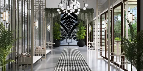 beautiful entrance hallway featuring sleek furniture arrangement in contemporary style, showcasing an inviting atmosphere for interior decor with Homestyler's real-time 3D rendering functionality.